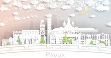 Kar Taneleri, Ay ve Neon Garland ile Paper Cut Style ile Padua Italy City Skyline. Vektör İllüstrasyonu. Noel ve Yeni Yıl Kavramı. Noel Baba kızakta. Simgeli Padua Şehir Manzarası.