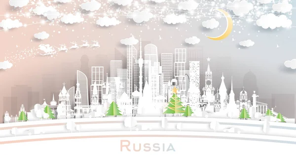 Ryssland Vinterskyline Paper Cut Style Med Snöflingor Moon Och Neon — Stock vektor