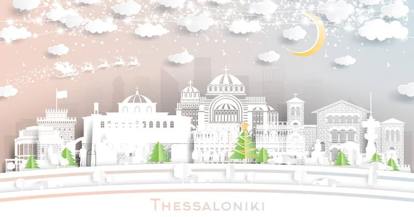 Θεσσαλονίκη Ελλάδα Winter City Skyline Χαρτί Κομμένα Στυλ Νιφάδες Χιονιού — Διανυσματικό Αρχείο