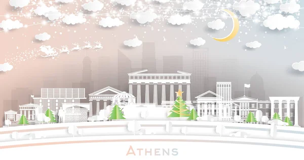 Athens Greece Winter City Skyline Paper Cut Style Snowflakes Moon — Stock Vector