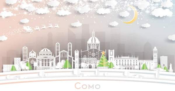 stock vector Como Italy City Skyline in Paper Cut Style with Snowflakes, Moon and Neon Garland. Vector Illustration. Christmas and New Year Concept. Santa Claus on Sleigh. Como Cityscape with Landmarks