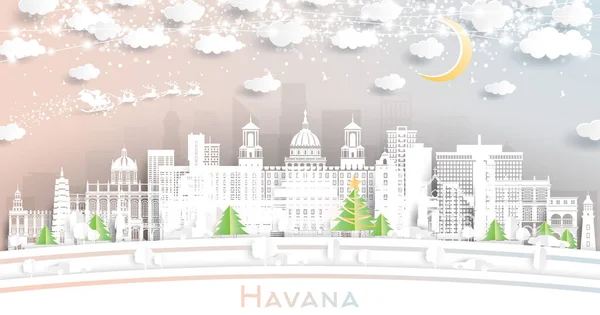 ハバナ キューバ 雪の結晶 月とネオンガーランドと紙カットスタイルで冬の都市スカイライン クリスマスと新年のコンセプト サンタクロースはそりに乗っている ランドマークとハバナの街の風景 — ストックベクタ
