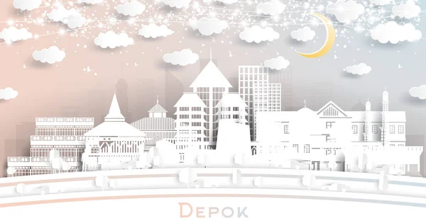 Depok Indonesia City Skyline Paper Cut Stil Mit Weißen Gebäuden — Stockvektor