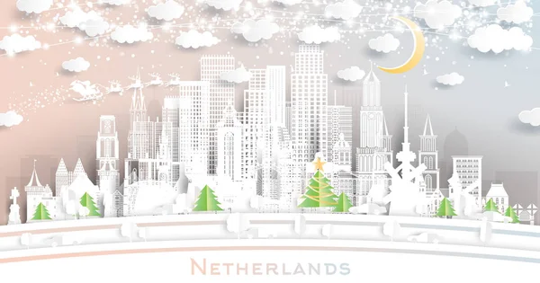 Niederlande Skyline Paper Cut Stil Mit Schneeflocken Mond Und Neon — Stockvektor