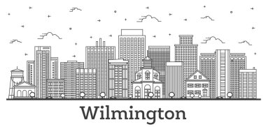 Wilmington Delaware 'in ana hatları ABD City Skyline ve tarihi binalar beyaza izole edilmiş. Vektör İllüstrasyonu. Tarihi Simgeli Wilmington Şehri.