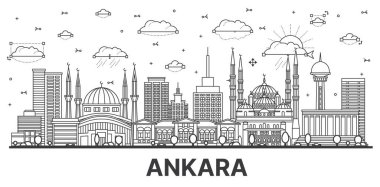 Ankara 'nın ana hatlarına göre Türkiye' de beyaza izole edilmiş tarihi binalar var. Vektör İllüstrasyonu. Ankara Kent Simgeleriyle.