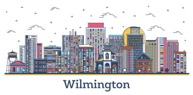 Wilmington Delaware 'in ana hatları ABD Şehri Skyline' ı ve beyaza izole edilmiş renkli tarihi binalar. Vektör İllüstrasyonu. Tarihi Simgeli Wilmington Şehri.