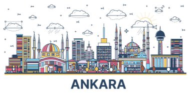 Ankara 'nın ana hatlarına göre, Türkiye' de Beyazlar Üzerine İzole Edilen Tarihi Renkli Binalar Ufuk Çizgisi var. Vektör İllüstrasyonu. Ankara Kent Simgeleriyle.