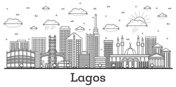 Esquema Lagos Nigeria City Skyline Con Edificios Modernos Aislados Blanco — Vector de stock