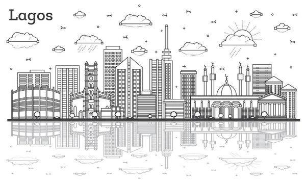 Esquema Lagos Nigeria City Skyline Con Edificios Modernos Reflexiones Aisladas — Vector de stock
