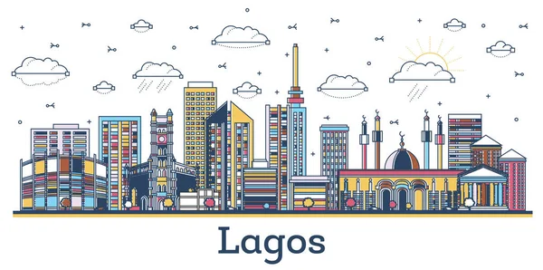 stock vector Outline Lagos Nigeria City Skyline with Modern Colored Buildings Isolated on White. Vector Illustration. Lagos Cityscape with Landmarks.