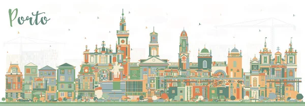 色の建物とポルトポルトガルシティスカイライン ベクトルイラスト ランドマークとポルトの街の風景 歴史的建造物とのビジネス旅行と観光の概念 — ストックベクタ