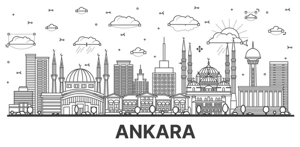 Esquema Ankara Turquía City Skyline Con Edificios Históricos Aislados Blanco — Vector de stock
