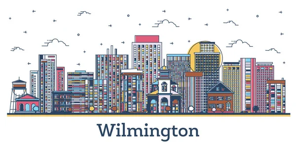Obrys Wilmington Delaware Usa City Skyline Barevnými Historickými Budovami Izolované — Stockový vektor