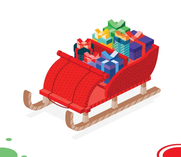 Isometric Christmas Open Sleigh Bunch Gift Boxes Holiday Concept Vector — Stock Vector