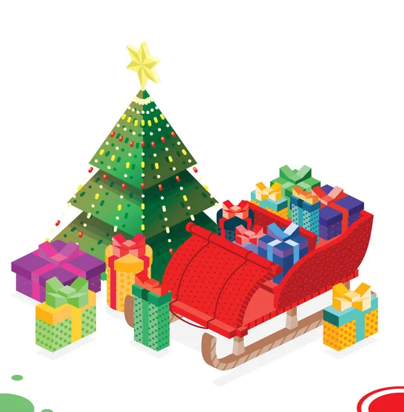 バンドルギフトボックスとクリスマスツリーでアイソメトリックオープンそり 休日のコンセプト ベクトルイラスト メリークリスマスとハッピーニューイヤーデザイン要素 — ストックベクタ