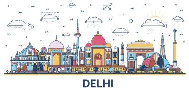 Delhi India City Skyline 'ın ana hatları. Renkli Tarihi Binalar beyazlar üzerinde izole edilmiş. Vektör İllüstrasyonu. Tarihi Simgelerle Delhi Şehir Manzarası.