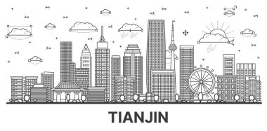 Tianjin China City Skyline 'ın ana hatlarıyla Modern Binalar beyaza izole edildi. Vektör İllüstrasyonu. Tarihi Simgeli Tianjin Şehir Manzarası.