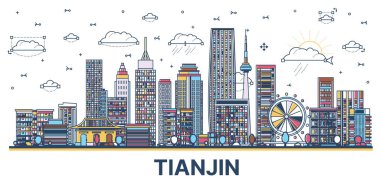 Tianjin China City Skyline 'ın ana hatlarıyla modern renkli binalar beyaza izole edildi. Vektör İllüstrasyonu. Tarihi Simgeli Tianjin Şehir Manzarası