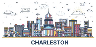 Charleston Batı Virginia City Skyline 'ın Modern Renkli Binaları beyazlar üzerinde izole edilmiştir. Vektör İllüstrasyonu. Tarihi Simgeli Charleston Şehir Manzarası.