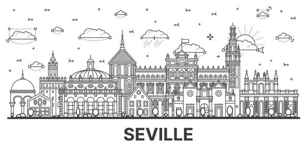 塞维利亚西班牙城市天际线轮廓 历史建筑与白色隔离 病媒说明 塞维利亚有地标的城市景观 — 图库矢量图片
