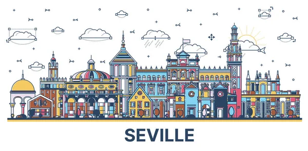 Umriss Sevilla Spanien City Skyline Mit Farbigen Historischen Gebäuden Isoliert — Stockvektor