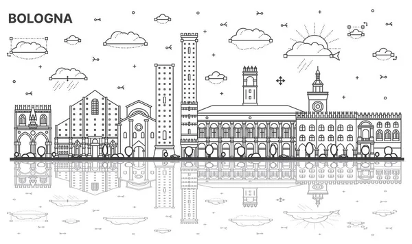 Outline Bologna Italy City Skyline Historic Buildings Reflections Isolated White — Stock Vector
