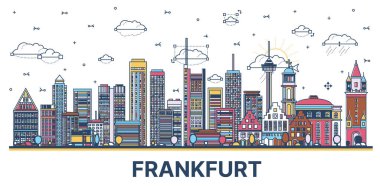 Frankfurt Almanya şehir silueti Modern Renkli Binalar beyaza izole edilmiş. Vektör İllüstrasyonu. Yer imleriyle Frankfurt Şehri