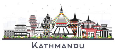 Kathmandu Nepal Şehri Skyline ve Renk Binaları beyaza izole edilmiş. Vektör İllüstrasyonu. Tarihi Simgeli Katmandu Şehri. Tarihi Mimariyle İş Seyahati ve Turizm Konsepti.