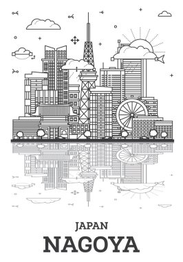 Nagoya 'nın ana hatları Japonya Şehri Skyline ve Modern Binalar ve Yansımalar Beyaz' a izole edilmiş. Vektör İllüstrasyonu. Tarihi Simgeli Nagoya Şehir Manzarası.