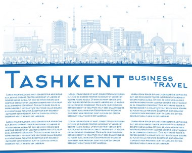 Outline Tashkent Uzbekistan City Skyline with Blue Buildings and Copy Space. Vector Illustration. Tashkent Cityscape with Landmarks. Business Travel and Tourism Concept with Historic Architecture.