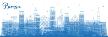 Bursa Hindi Şehri, Blue Buildings ile Skyline 'ın ana hatları. Vektör İllüstrasyonu. Tarihi Mimariyle İş Seyahati ve Kavram. Simgeli Bursa Şehir Manzarası.