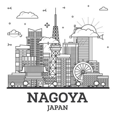 Nagoya 'nın ana hatları Japonya Şehri Skyline ve modern binalar beyaza izole edilmiş. Vektör İllüstrasyonu. Tarihi Simgeli Nagoya Şehir Manzarası.