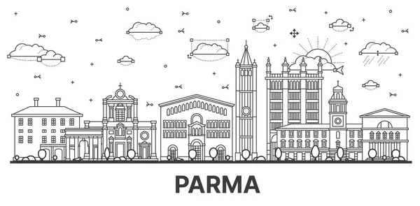 Outline Parma Italy City Skyline Historic Buildings Isolated White Vector — Vector de stock