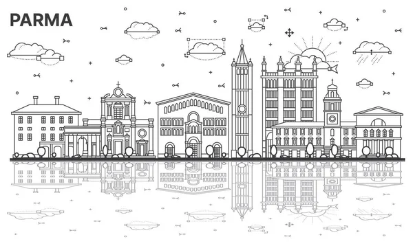 Outline Parma Italy City Skyline Historic Buildings Reflections Isolated White — Vector de stock