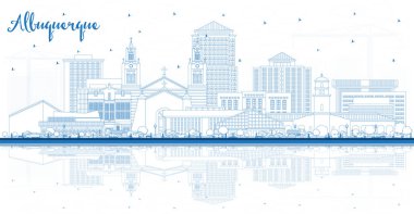 Outline Albuquerque New Mexico City Skyline with Blue Buildings and Reflections. Vector Illustration. Albuquerque USA Cityscape with Landmarks. Travel and Tourism Concept with Modern Architecture.