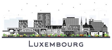 Lüksemburg Şehri Skyline 'ı ve beyaza izole edilmiş Renk Binaları. Vektör İllüstrasyonu. Landmark 'lı Lüksemburg Şehri. Tarihi Mimariyle İş Seyahati ve Turizm Konsepti.