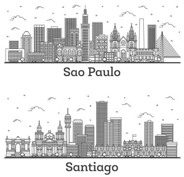 Outline Santiago Chile and Sao Paulo Brazil City Skyline Set with Modern Buildings Isolated on White. Cityscape with Landmarks.