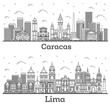 Outline Lima Peru and Caracas Venezuela City Skyline Set with Modern and Historic Buildings Isolated on White. Cityscape with Landmarks.