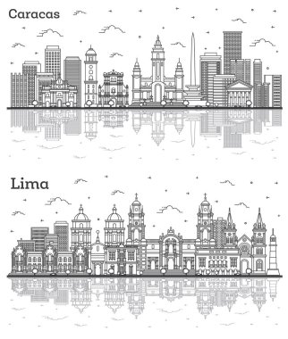 Outline Lima Peru and Caracas Venezuela City Skyline Set with Modern and Historic Buildings Isolated on White. Cityscape with Landmarks.