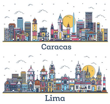 Outline Lima Peru and Caracas Venezuela City Skyline Set with Colored Historic Buildings Isolated on White. Cityscape with Landmarks.