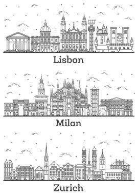 Outline Zurich Switzerland, Milan Italy and Lisbon Portugal City Skyline Set with Historic Buildings Isolated on White. Cityscape with Landmarks.