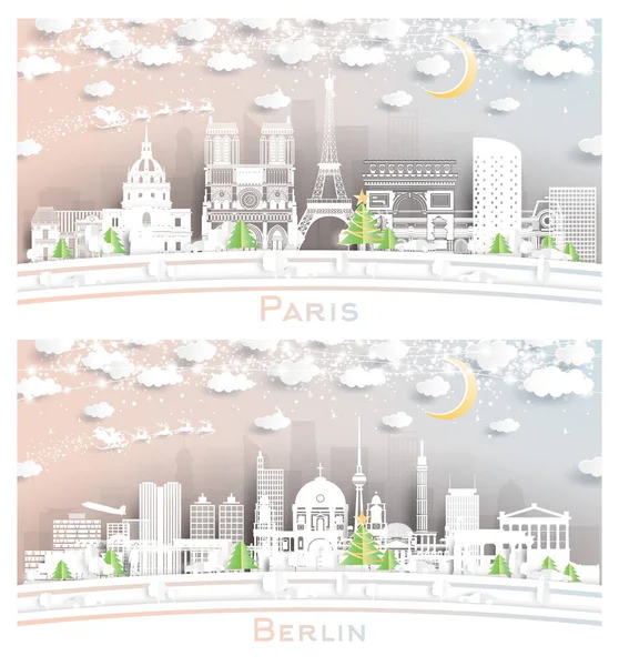 Berlin Germany and Paris France City Skyline Set in Paper Cut Style with Snowflakes, Moon and Neon Garland. Christmas and New Year Concept. Santa Claus on Sleigh. Cityscape with Landmarks.