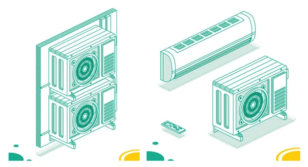 Two Outdoor Units of Air Conditioner. Isometric Outline Concept. Outdoor Unit with Indoor and Remote Controller.