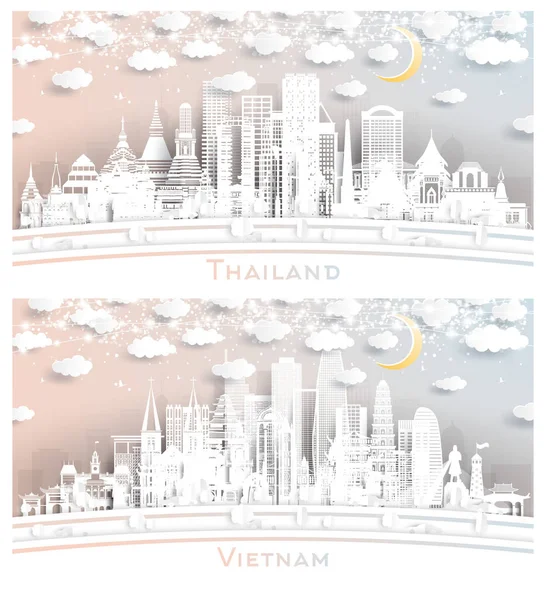 Vietnam Thailand City Skyline Set Paper Cut Style White Buildings — Stock Photo, Image