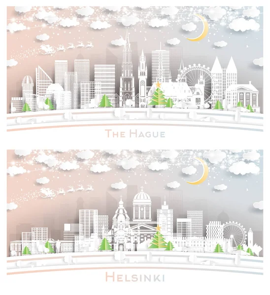 Helsinki Finland Hague Netherlands City Skyline Set Paper Cut Style — Stockfoto