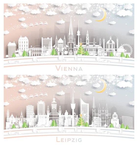 Leipzig Germany Vienna Austria City Skyline Set Paper Cut Style — Stockfoto