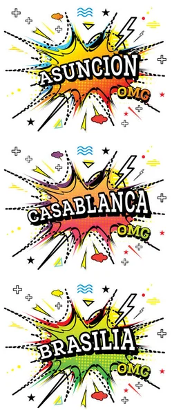 Casablanca Brasilia Asunción Texto Cómico Estilo Pop Art Aislado Sobre —  Fotos de Stock