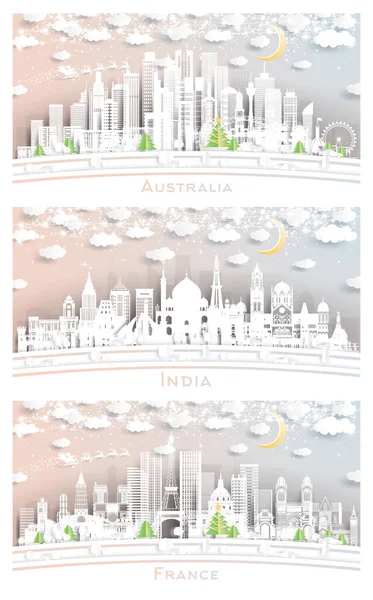 India France Australia City Skyline Set Paper Cut Style Snowflakes — Stok fotoğraf
