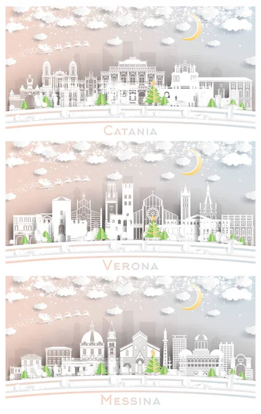Verona Messina Sicily Catania Italy City Skyline Set Paper Cut — Stock Photo, Image